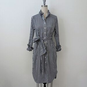 J. Crew Classic-Fit Ruffleneck Navy & White Gingham Midi Shirt Dress w/Tie Sz 6